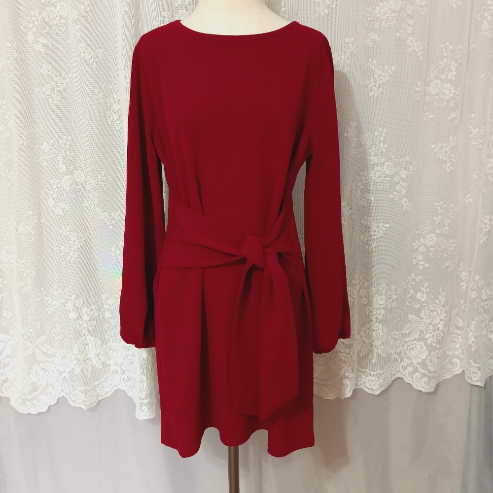 Haute - Long Sleeve Crew Neck Dress With Tie At The Waist